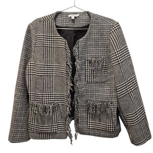 Chico's Mixed Tweed Jacket Size 16 Fringe Houndstooth Black And White